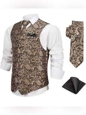 Brown & Gold Paisley Vest with Matching Tie and Black Pocket Square